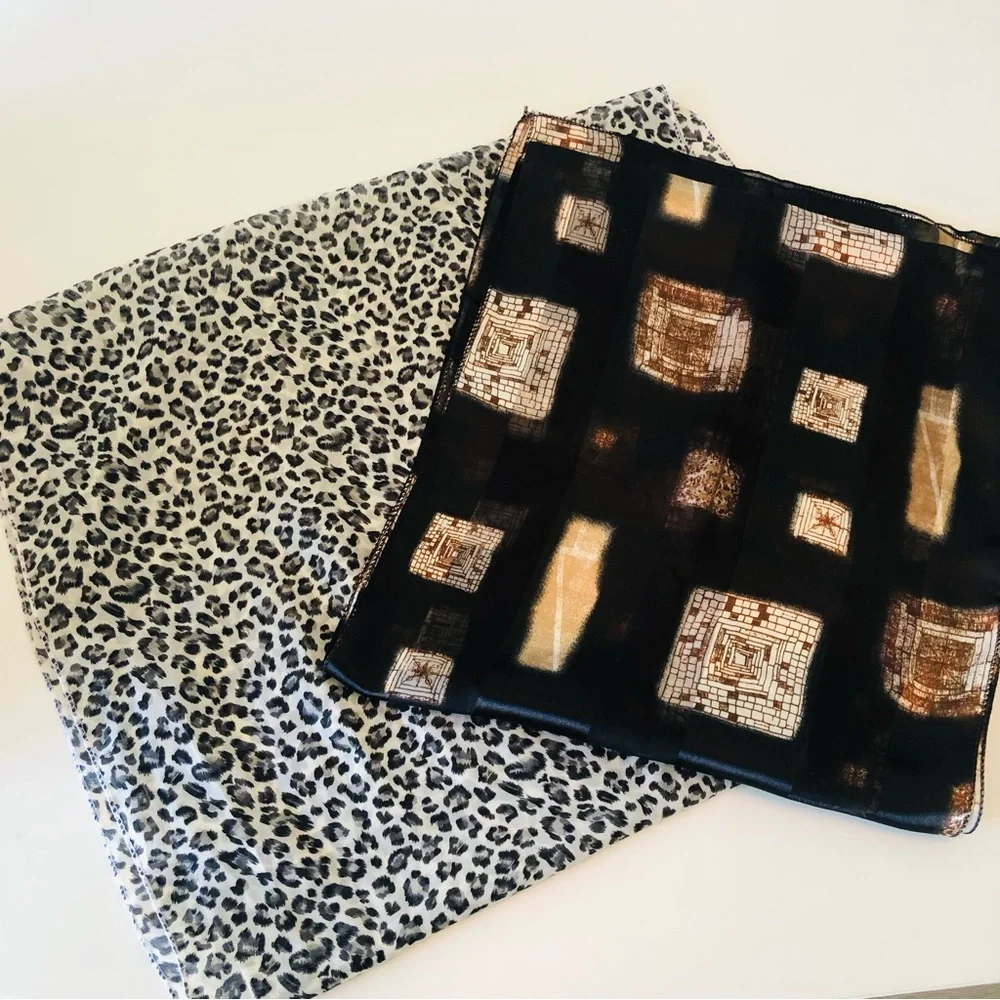 2 Silky Scarf Bundle, Animal Leopard Print & Abstract, Rectangle, 2 for 1 Trendy